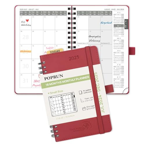 POPRUN Kalender 2024 2025 Monatsplaner 16 x 10,5 cm - 18 Monate Monatskalender Ringbuch A6 (Jul 2024 - Dez 2025) - 1 Monat 4 Seiten, Softcover mit PU-Leder, 100 GSM Papier - Burgunderrot von POPRUN