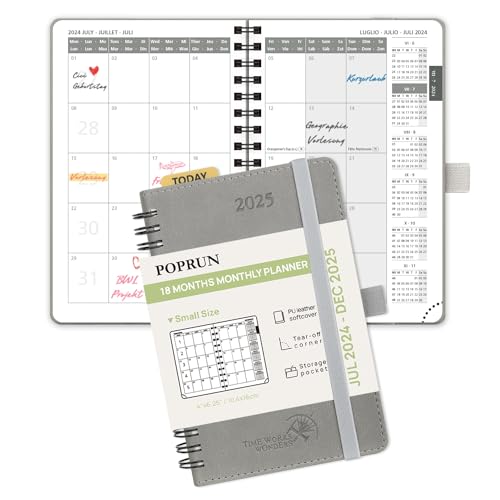 POPRUN Kalender 2024 2025 Monatsplaner 16 x 10,5 cm - 18 Monate Monatskalender Ringbuch A6 (Jul 2024 - Dez 2025) - 1 Monat 4 Seiten, Softcover mit PU-Leder, 100 GSM Papier - Grau von POPRUN