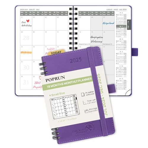 POPRUN Kalender 2024 2025 Monatsplaner 16 x 10,5 cm - 18 Monate Monatskalender Ringbuch A6 (Jul 2024 - Dez 2025) - 1 Monat 4 Seiten, Softcover mit PU-Leder, 100 GSM Papier - Lila von POPRUN