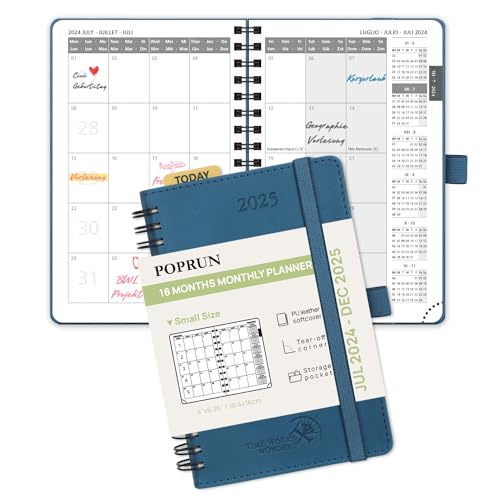 POPRUN Kalender 2024 2025 Monatsplaner 16 x 10,5 cm - 18 Monate Monatskalender Ringbuch A6 (Jul 2024 - Dez 2025) - 1 Monat 4 Seiten, Softcover mit PU-Leder, 100 GSM Papier - Marineblau von POPRUN