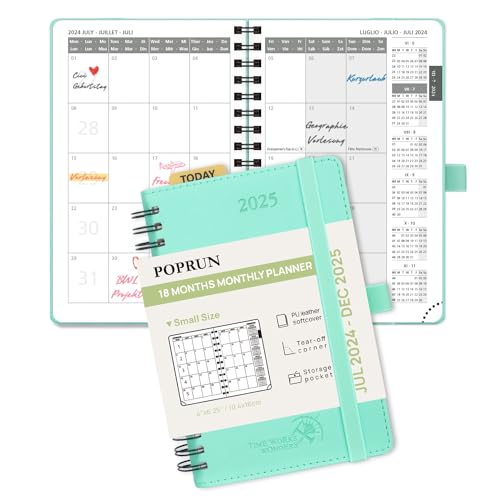 POPRUN Kalender 2024 2025 Monatsplaner 16 x 10,5 cm - 18 Monate Monatskalender Ringbuch A6 (Jul 2024 - Dez 2025) - 1 Monat 4 Seiten, Softcover mit PU-Leder, 100 GSM Papier - Mintgrün von POPRUN