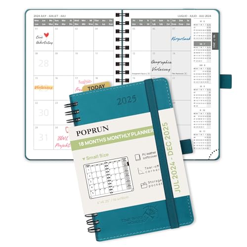 POPRUN Kalender 2025 Monatsplaner A6 (Jul.2024 - Dez.2025) - 18 Monate Monatskalender Ringbuch 16 x 10,5 cm - 1 Monat 4 Seiten, Softcover mit PU-Leder, 100 GSM Papier - Pazifikgrün von POPRUN