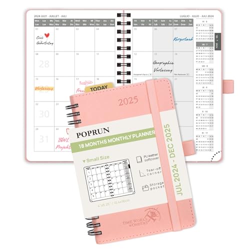 POPRUN Kalender 2025 Monatsplaner A6 (Jul.2024 - Dez.2025) - 18 Monate Monatskalender Ringbuch 16 x 10,5 cm - 1 Monat 4 Seiten, Softcover mit PU-Leder, 100 GSM Papier - Rosa von POPRUN