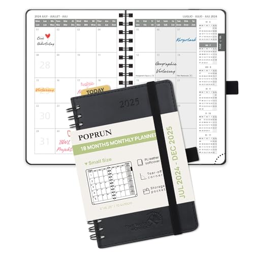 POPRUN Kalender 2024 2025 Monatsplaner 16 x 10,5 cm - 18 Monate Monatskalender Ringbuch A6 (Jul 2024 - Dez 2025) - 1 Monat 4 Seiten, Softcover mit PU-Leder, 100 GSM Papier - Schwarz von POPRUN