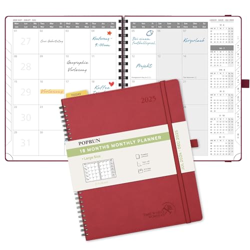 POPRUN Kalender 2024 2025 Monatsplaner 26,5 x 21,5 cm - 18 Monate Monatskalender Ringbuch A4 (Jul 2024 - Dez 2025) - 1 Monat 4 Seiten, Softcover mit PU-Leder, 100 GSM Papier - Burgunderrot von POPRUN