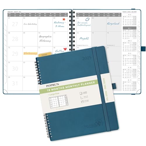 POPRUN Kalender 2024 2025 Monatsplaner 26,5 x 21,5 cm - 18 Monate Monatskalender Ringbuch A4 (Jul 2024 - Dez 2025) - 1 Monat 4 Seiten, Softcover mit PU-Leder, 100 GSM Papier - Marineblau von POPRUN