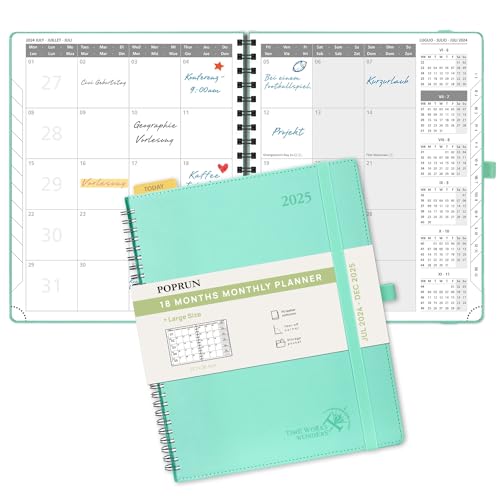 POPRUN Kalender 2024 2025 Monatsplaner 26,5 x 21,5 cm - 18 Monate Monatskalender Ringbuch A4 (Jul 2024 - Dez 2025) - 1 Monat 4 Seiten, Softcover mit PU-Leder, 100 GSM Papier - Mintgrün von POPRUN