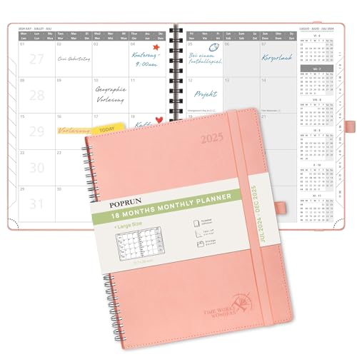 POPRUN Kalender 2024 2025 Monatsplaner 26,5 x 21,5 cm - 18 Monate Monatskalender Ringbuch A4 (Jul 2024 - Dez 2025) - 1 Monat 4 Seiten, Softcover mit PU-Leder, 100 GSM Papier - Rosa von POPRUN