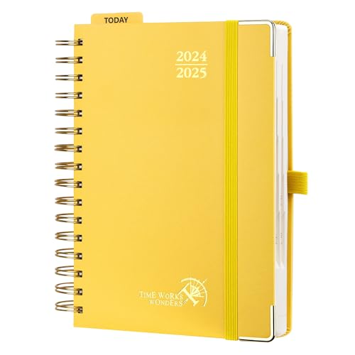 POPRUN Kalender 2024 2025 Tagesplaner 21,5 x 14,5 cm, Tageskalender A5 1 Tag 1 Seite (Montag - Sonntag), Terminplaner (Aug.2024-Jul.2025) Ringbuch mit Hardcover, Plastiklineal - Hellgelb von POPRUN