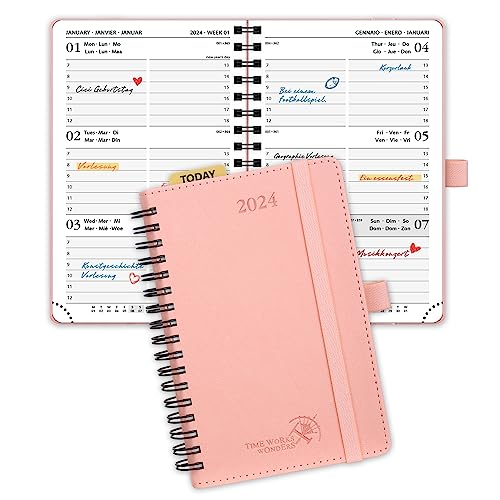 POPRUN Kalender 2024 Klein 16 x 10,5 cm (Jan.2024-Dez.2024) - Taschenkalender 2024 Ringbuch mit Softcover - Terminplaner, Planer 1 Woche 2 Seite mit Plastiklineal - Rosa von POPRUN