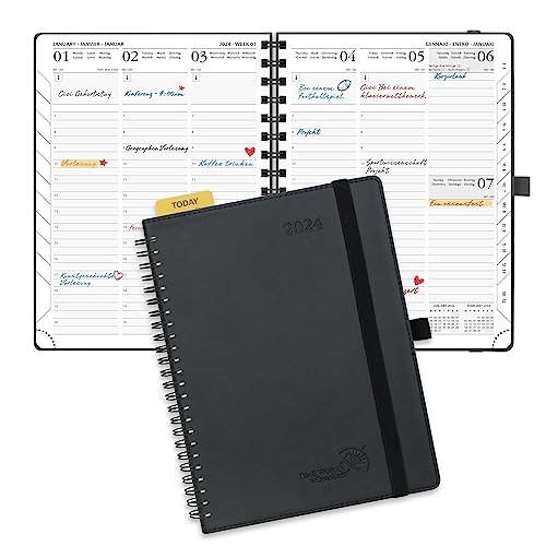 POPRUN Kalender 2024 Wochenplaner 22 x 16,5 cm, 12-Monate-Terminplaner Ringbuch (Jan.2024-Dez.2024), Planer 1 Woche 2 Seite mit Softcover, 100 GSM Zertifiziertem Papier - Schwarz von POPRUN