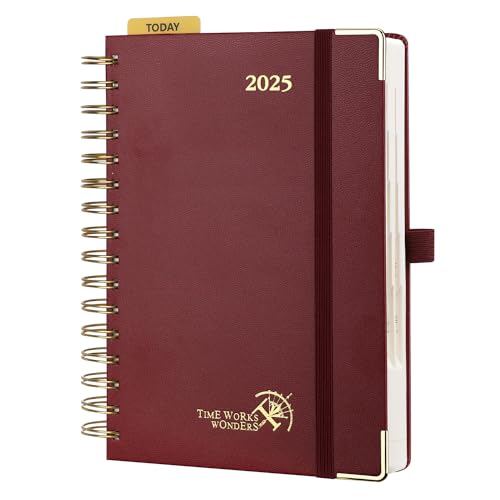 POPRUN Kalender 2025 Tagesplaner Ringbuch mit Hardcover 21,5 x 14,5 cm, Tageskalender A5 1 Tag 1 Seite (Montag - Sonntag), Terminplaner (Jan.2025-Dez.2025) mit Plastiklineal - Burgund von POPRUN