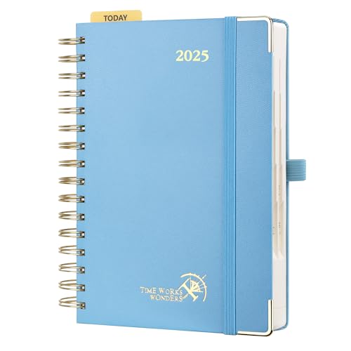 POPRUN Kalender 2025 Tagesplaner Ringbuch mit Hardcover 21,5 x 14,5 cm, Tageskalender A5 1 Tag 1 Seite (Montag - Sonntag), Terminplaner (Jan.2025-Dez.2025) mit Plastiklineal - Dunstblau von POPRUN