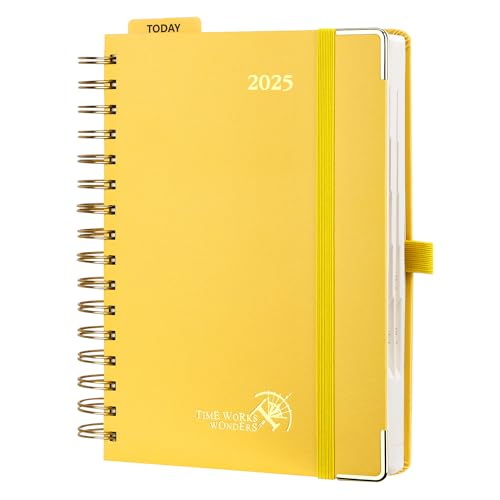 POPRUN Kalender 2025 Tagesplaner Ringbuch mit Hardcover 21,5 x 14,5 cm, Tageskalender A5 1 Tag 1 Seite (Montag - Sonntag), Terminplaner (Jan.2025-Dez.2025) mit Plastiklineal - Hellgelb von POPRUN