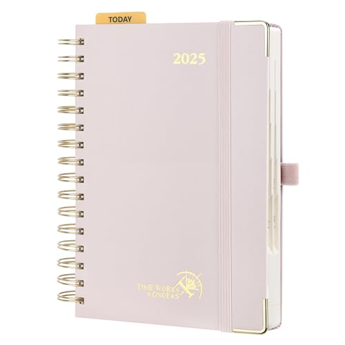 POPRUN Kalender 2025 Tagesplaner Ringbuch mit Hardcover 21,5 x 14,5 cm, Tageskalender A5 1 Tag 1 Seite (Montag - Sonntag), Terminplaner (Jan.2025-Dez.2025) mit Plastiklineal - Hellrosa von POPRUN