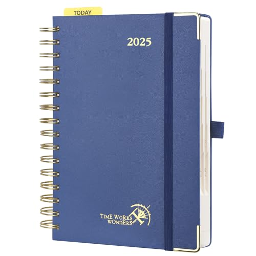 POPRUN Kalender 2025 Tagesplaner Ringbuch mit Hardcover 21,5 x 14,5 cm, Tageskalender A5 1 Tag 1 Seite (Montag - Sonntag), Terminplaner (Jan.2025-Dez.2025) mit Plastiklineal - Marineblau von POPRUN