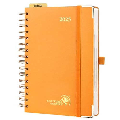 POPRUN Kalender 2025 Tagesplaner Ringbuch mit Hardcover 21,5 x 14,5 cm, Tageskalender A5 1 Tag 1 Seite (Montag - Sonntag), Terminplaner (Jan.2025-Dez.2025) mit Plastiklineal - Orange von POPRUN