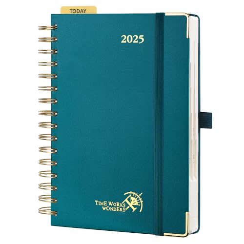 POPRUN Kalender 2025 Tagesplaner Ringbuch mit Hardcover 21,5 x 14,5 cm, Tageskalender A5 1 Tag 1 Seite (Montag - Sonntag), Terminplaner (Jan.2025-Dez.2025) mit Plastiklineal - Pazifikgrün von POPRUN