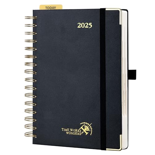 POPRUN Kalender 2025 Tagesplaner Ringbuch mit Hardcover 21,5 x 14,5 cm, Tageskalender A5 1 Tag 1 Seite (Montag - Sonntag), Terminplaner (Jan.2025-Dez.2025) mit Plastiklineal - Schwarz von POPRUN