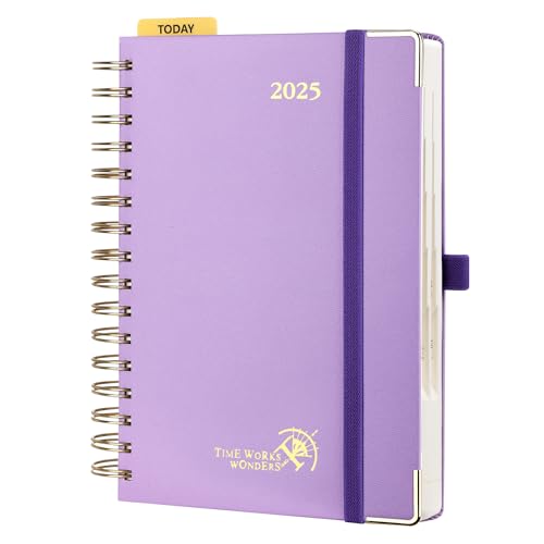 POPRUN Kalender 2025 Tagesplaner Ringbuch mit Hardcover 21,5 x 14,5 cm, Tageskalender A5 1 Tag 1 Seite (Montag - Sonntag), Terminplaner (Jan.2025-Dez.2025) mit Plastiklineal - Violett von POPRUN