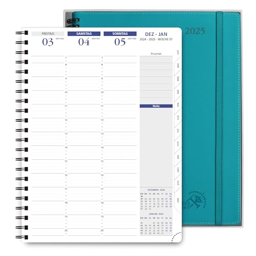 POPRUN Kalender 2025 Wochenplaner Ringbuch mit Softcover 28.5 x 22.2 cm - auf Deutsch - Terminplaner 2025 A4 mit 15-Minuten-Intervall und Vertikalem Wochenlayout, 100 GSM Papier - Pazifikgrün von POPRUN