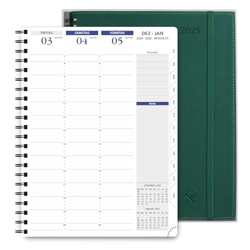 POPRUN Kalender 2025 Wochenplaner Ringbuch mit Softcover 28.5 x 22.2 cm - auf Deutsch - Terminplaner 2025 A4 mit 15-Minuten-Intervall und Vertikalem Wochenlayout, 100 GSM Papier - Waldgrün von POPRUN