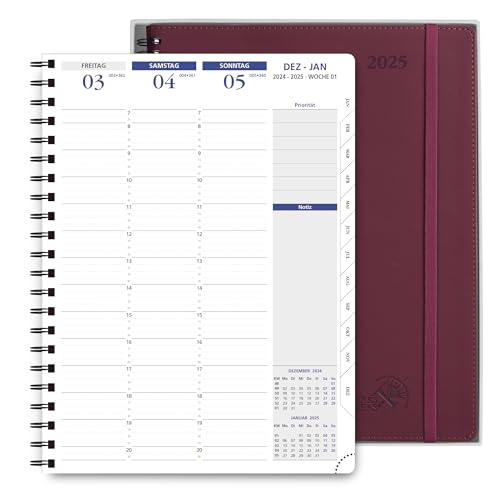 POPRUN Kalender 2025 Wochenplaner Ringbuch mit Softcover 28.5 x 22.2 cm - auf Deutsch - Terminplaner 2025 A4 mit 15-Minuten-Intervall und Vertikalem Wochenlayout, 100 GSM Papier - Weinrot von POPRUN