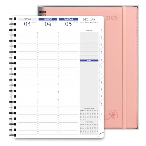 POPRUN Kalender 2025 Wochenplaner Ringbuch mit Softcover 28.5 x 22.2 cm - auf Deutsch - Terminplaner 2025 A4 mit 15-Minuten-Intervall und Vertikalem Wochenlayout, 100 GSM Papier - Zartrosa von POPRUN