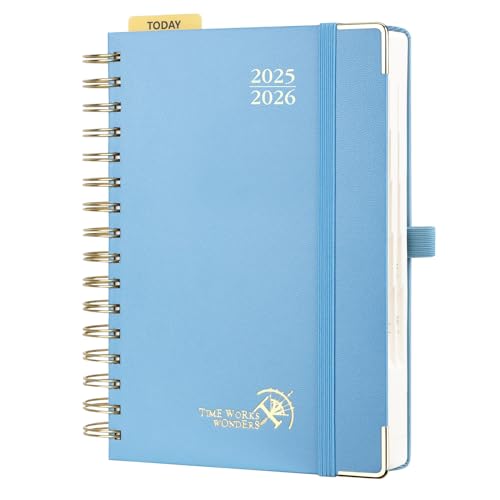 POPRUN Tagesplaner 2025 2026 Ringbuch mit Hardcover 21,5 x 14,5 cm, Tageskalender A5 1 Tag 1 Seite (Montag - Sonntag), Terminplaner (Aug.2025-Jul.2026) mit Plastiklineal - Dunstblau von POPRUN