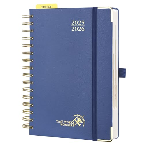 POPRUN Tagesplaner 2025 2026 Ringbuch mit Hardcover 21,5 x 14,5 cm, Tageskalender A5 1 Tag 1 Seite (Montag - Sonntag), Terminplaner (Aug.2025-Jul.2026) mit Plastiklineal - Marineblau von POPRUN