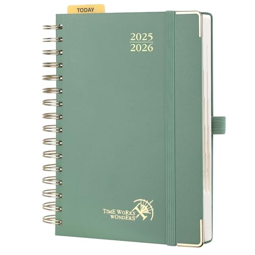 POPRUN Tagesplaner 2025 2026 Ringbuch mit Hardcover 21,5 x 14,5 cm, Tageskalender A5 1 Tag 1 Seite (Montag - Sonntag), Terminplaner (Aug.2025-Jul.2026) mit Plastiklineal - Mitternachtsgrün von POPRUN