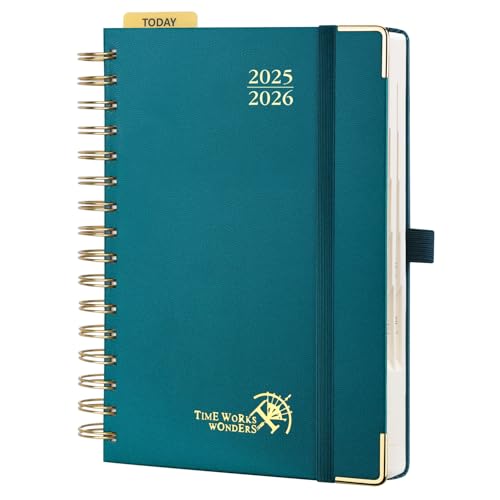 POPRUN Tagesplaner 2025 2026 Ringbuch mit Hardcover 21,5 x 14,5 cm, Tageskalender A5 1 Tag 1 Seite (Montag - Sonntag), Terminplaner (Aug.2025-Jul.2026) mit Plastiklineal - Pazifikgrün von POPRUN