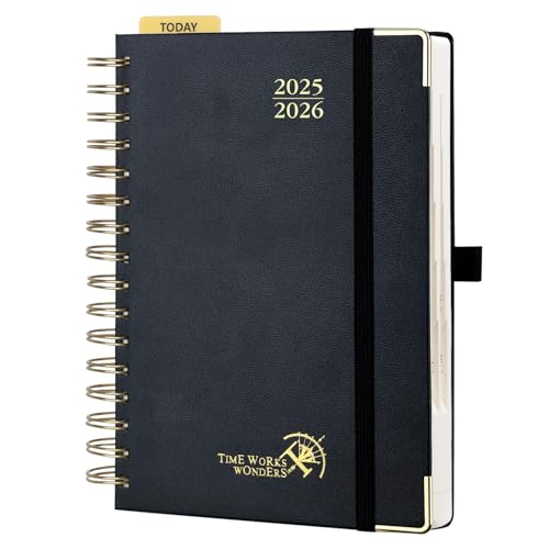 POPRUN Tagesplaner 2025 2026 Ringbuch mit Hardcover 21,5 x 14,5 cm, Tageskalender A5 1 Tag 1 Seite (Montag - Sonntag), Terminplaner (Aug.2025-Jul.2026) mit Plastiklineal - Schwarz von POPRUN