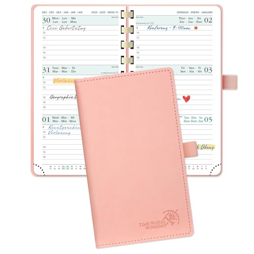 POPRUN Taschenkalender 2025 Klein 16,5 x 9 cm (Aug.2024-Dez.2025) - Kalender 2025 Klein Ringbuch mit Softcover - Terminplaner, Planer 1 Woche 2 Seite mit Kartenschlitz - Rosa von POPRUN