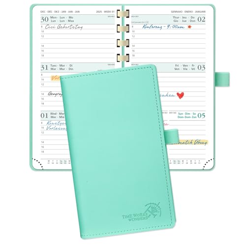 POPRUN Taschenkalender 2025 Klein 16,5 x 9 cm (Jan.2025-Dez.2025) - Kalender 2025 Klein Ringbuch mit Softcover - Terminplaner, Planer 1 Woche 2 Seite mit Kartenschlitz - Mintgrün von POPRUN