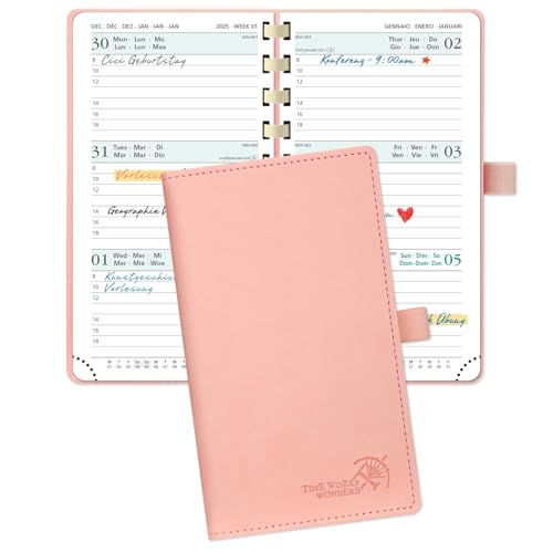 POPRUN Taschenkalender 2025 Klein 16,5 x 9 cm (Jan.2025-Dez.2025) - Kalender 2025 Klein Ringbuch mit Softcover - Terminplaner, Planer 1 Woche 2 Seite mit Kartenschlitz - Rosa von POPRUN