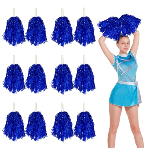 12 Stück Cheerleading Pompons Cheerleader Pom Poms Sport Pompons Cheers Ball Pompoms Handblumen Metal Foil Ponpons Mit Griffen Für Sportveranstaltungen Tanz Nacht Party Ballspiele (Blau) von PORUPAEL