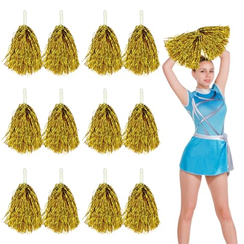 12 Stück Cheerleading Pompons Cheerleader Pom Poms Sport Pompons Cheers Ball Pompoms Handblumen Metal Foil Ponpons Mit Griffen Für Sportveranstaltungen Tanz Nacht Party Ballspiele (Gold) von PORUPAEL