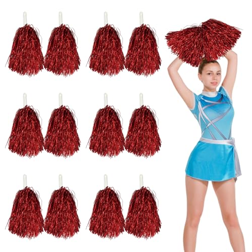 12 Stück Cheerleading Pompons Cheerleader Pom Poms Sport Pompons Cheers Ball Pompoms Handblumen Metal Foil Ponpons Mit Griffen Für Sportveranstaltungen Tanz Nacht Party Ballspiele (Rot) von PORUPAEL