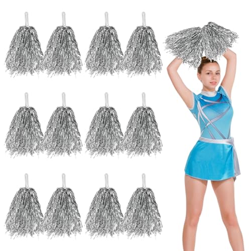 12 Stück Cheerleading Pompons Cheerleader Pom Poms Sport Pompons Cheers Ball Pompoms Handblumen Metal Foil Ponpons Mit Griffen Für Sportveranstaltungen Tanz Nacht Party Ballspiele (Silber) von PORUPAEL