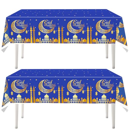 2 Stück Eid Mubarak Tischdecke, Ramadan Tischdecke, Eid Ramadan Party Tischdecke, Mond Stern Rechteck Tischdecke, Muslim Islamische Ramadan Party Dekoration (Blau A) von PORUPAEL