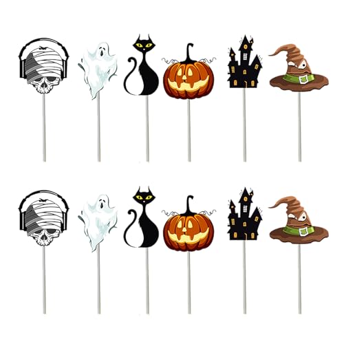 24 Stück Halloween Cupcake Topper Halloween Tortendeko Mit Schloss Schwarzer Katze Hexenhut Kürbis Geist Totenkopf Halloween Theme Kuchenaufsatz Halloween Tortenaufleger von PORUPAEL