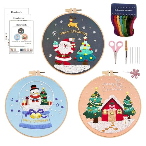 3 Sets Stickerei Set Weihnachten Kreuzstich Set mit Weihnachtsmuster Stickerei Starter Kit Weihnachten Embroidery Cross Stitch Set for Beginners Adults Kids Weihnachtsgeschenke (Multicolor 1) von PORUPAEL