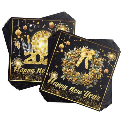 40 Stück Servietten Silvester, Happy New Year Serviette 2025 Happy New Year Servietten Neujahr Papierservietten Tissue Silvester Tischdeko für 2025 Tischdeko Neujahrsdeko, 33x33 cm (Schwarz A) von PORUPAEL