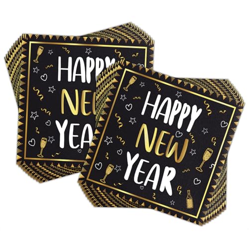 40 Stück Servietten Silvester, Happy New Year Serviette 2025 Happy New Year Servietten Neujahr Papierservietten Tissue Silvester Tischdeko für 2025 Tischdeko Neujahrsdeko, 33x33 cm (Schwarz B) von PORUPAEL