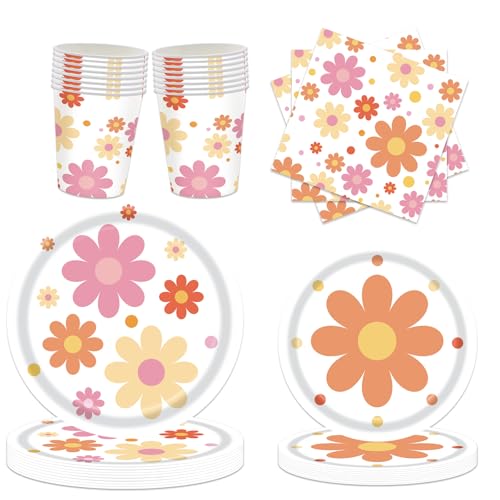 PORUPAEL 68 Stück Boho Daisy Partygeschirr Set Party Geschirrset Blume Pappteller Servietten Pappbecher Set Birthday Party Tableware Set Geburtstag Party Deko Für 16 Personen von PORUPAEL