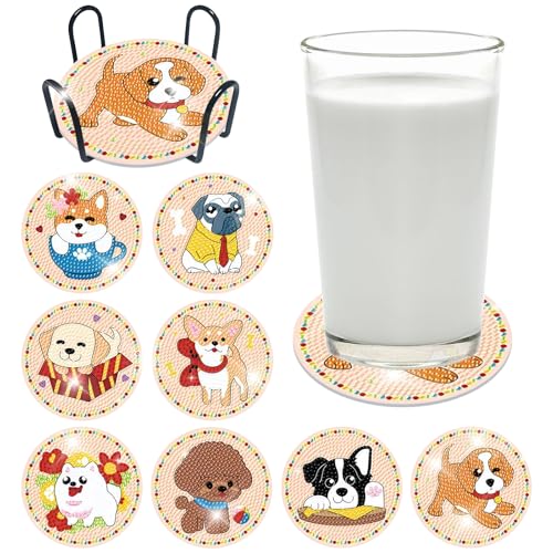 8 Stück Diamant Malerei Untersetzer mit Halter für Getränke, Süße Hund Diamond Painting Coasters with Cork Backing, Diamant Malerei Kinder für Weingläser Vasen Tassenuntersetzer von PORUPAEL