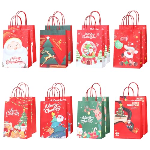 PORUPAEL 16 Stück Geschenktaschen Weihnachten, Weihnachts Kraft Geschenktaschen, WeihnachtstüTen Mit Henkel, Papiertüten Weihnachten Geschenktüten für Party Geschenkverpackung 15 x 21 x 8 cm von PORUPAEL