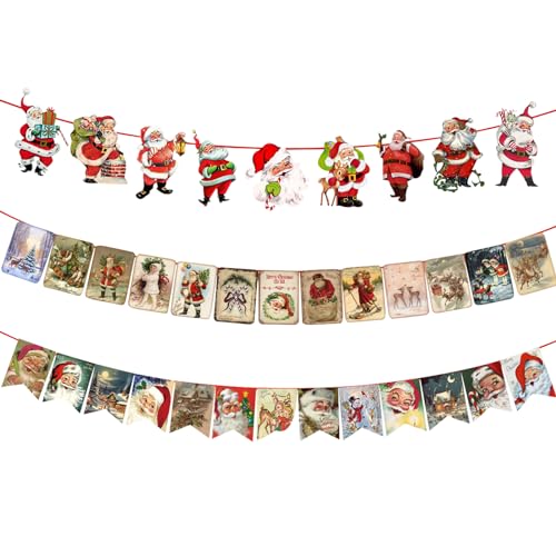 PORUPAEL 27 Stück Weihnachtsbanner im Vintage-Stil zum Aufhängen mit rotem Band, traditioneller Vintage-viktorianischer Stil, Weihnachts-Wimpelkette Dekoration, Weihnachtsmann Weihnachtsfeier Banner von PORUPAEL