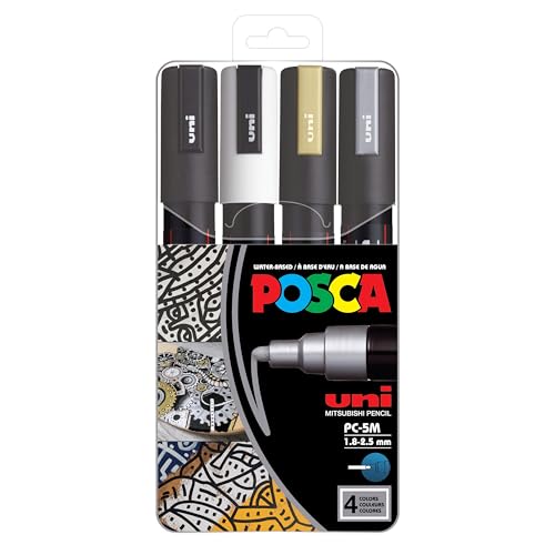 POSCA 153544852 PC-5M „Mono Paint in a Pen“-Set, 2,5 mm breite Kugelspitze, wasserbasierte Filzstifte, 4 Farben von POSCA